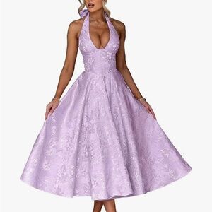 Halter Tea Length Prom Satin Deep V-Neck A-Line Formal Evening Party Gown